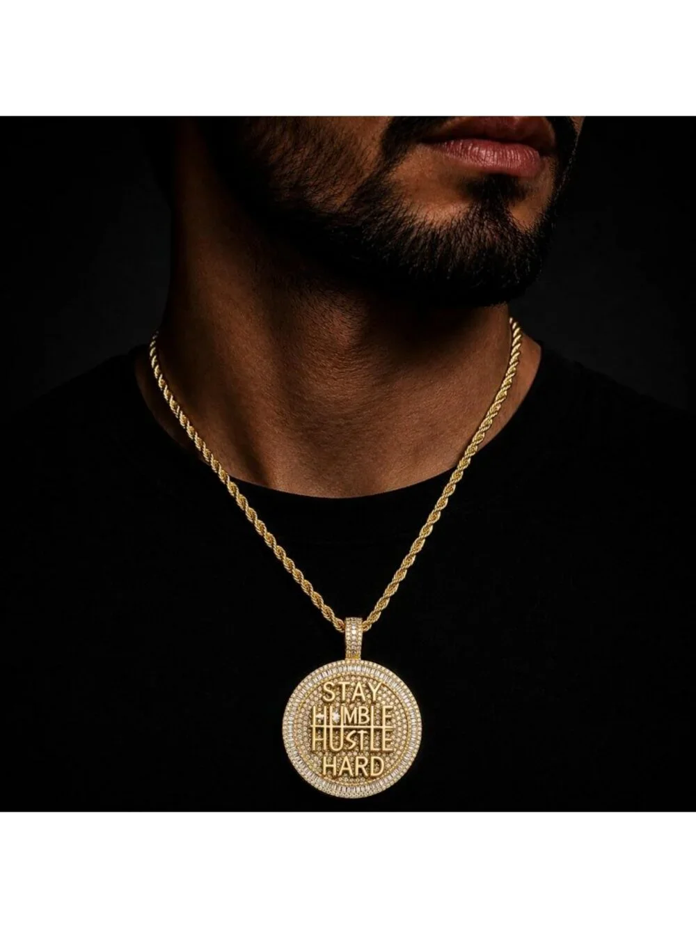Bling Gold Coin Pendant Necklace, 14K Gold Plated CZ Charm, Hip Hop Statement